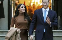 In this Jan. 7, 2020, file photo, Britain's Prince Harry and Meghan, Duchess of Sussex leave Canada House in London.