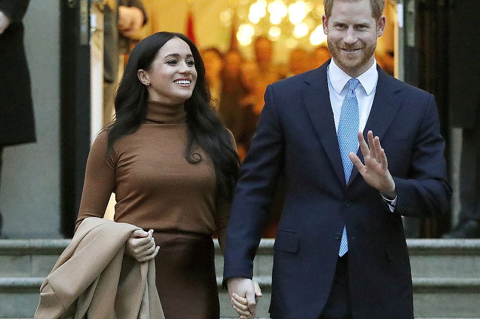 In this Jan. 7, 2020, file photo, Britain's Prince Harry and Meghan, Duchess of Sussex leave Canada House in London. 