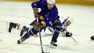 Jokeri player Jan-Mikael Juutilainen (front) in action during the European Trophy 2010 Hockey match Jokerit vs Adler Mannheim in Vantaa, on August 11, 2010