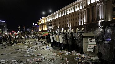 Police clash with protesters following a mass protest in front of the new National Assembly building, demanding the government's resignation in Sofia, Bulgaria.