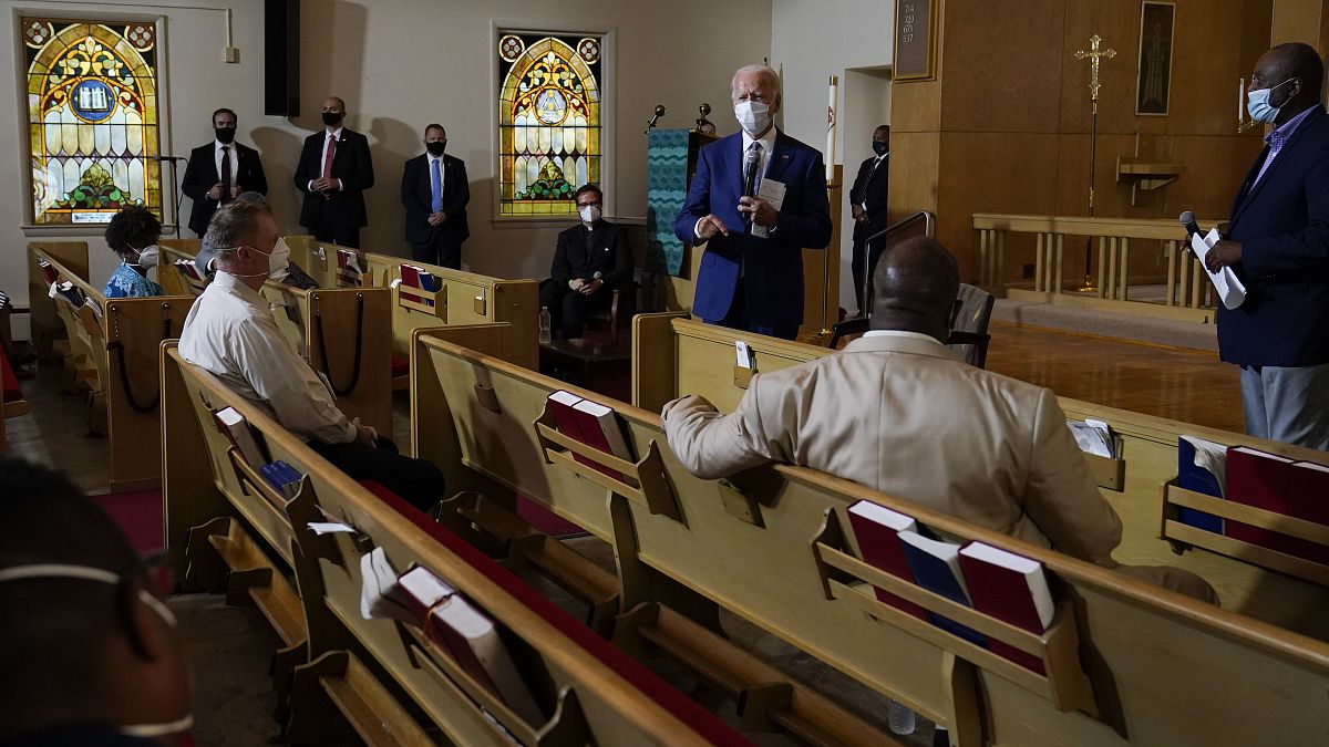 Democratic presidential candidate former Vice President Joe Biden meets with members of the community at Grace Lutheran Church in Kenosha, Wis., Thursday, Sept. 3, 2020.