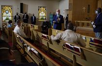 Democratic presidential candidate former Vice President Joe Biden meets with members of the community at Grace Lutheran Church in Kenosha, Wis., Thursday, Sept. 3, 2020.