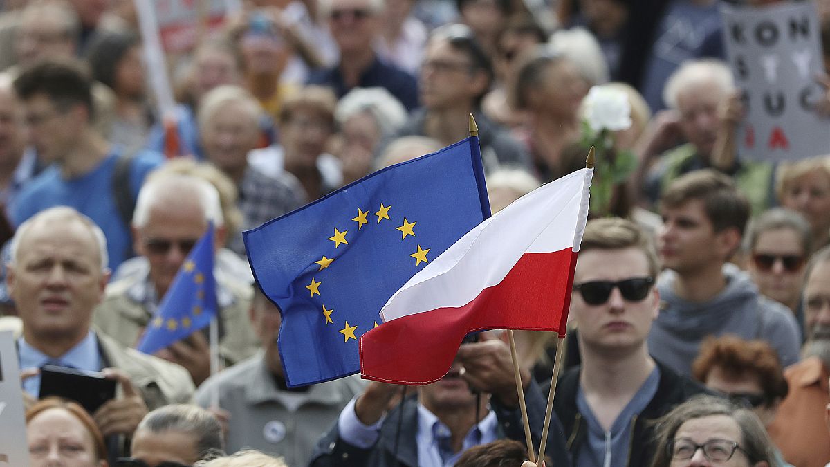 Protesters hold up a European and a Polish flag as they gather in front of Poland's Supreme Court  in Warsaw, Poland, July 4, 2018 to support the court's president.