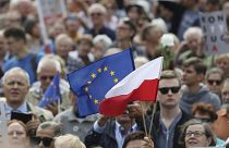 Protesters hold up a European and a Polish flag as they gather in front of Poland's Supreme Court  in Warsaw, Poland, July 4, 2018 to support the court's president.