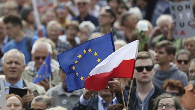 Protesters hold up a European and a Polish flag as they gather in front of Poland's Supreme Court in Warsaw, Poland, July 4, 2018 to support the court's president. Protesters hold up a European and a Polish flag as they gather in front of Poland's Supreme Court in Warsaw, Poland, July 4, 2018 to support the court's president.