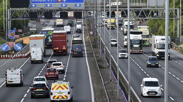 In this file photo dated Monday, May 18, 2020, traffic moves along the M6 motorway near Birmingham, England. In this file photo dated Monday, May 18, 2020, traffic moves along the M6 motorway near Birmingham, England.