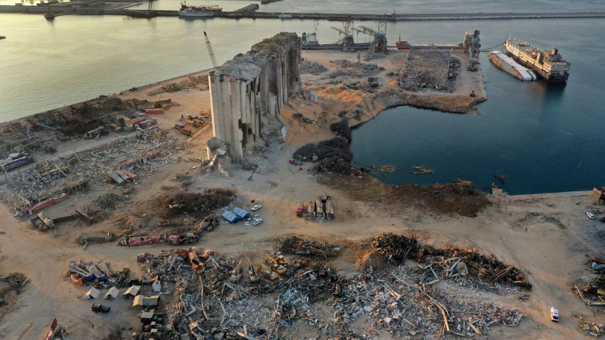 This Aug. 29, 2020 photo shows rubble and debris around the silo that was destroyed by Aug. 4 explosion that hit the seaport of Beirut, Lebanon.