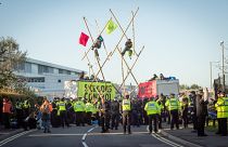 Extinction Rebellion activists create a structure to blockade Newsprinters plant, UK. Septemeber 5, 2020.