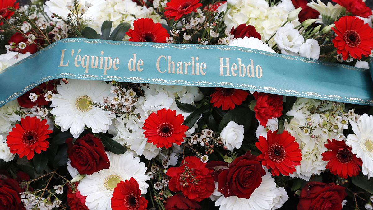A wreath of flowers outside Charlie Hebdo's former offices in January this year.