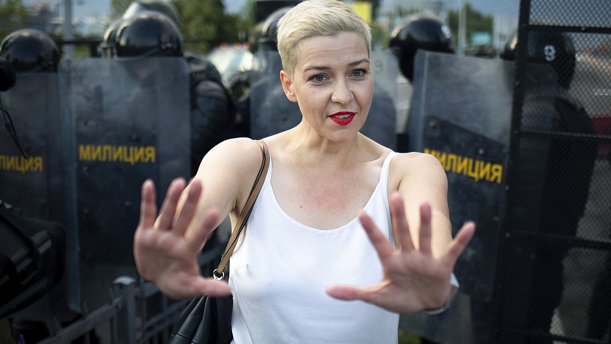 Maria Kolesnikova, one of Belarus' opposition leaders, center, gestures during a rally in Minsk, Belarus, Sunday, Aug. 30, 2020. 