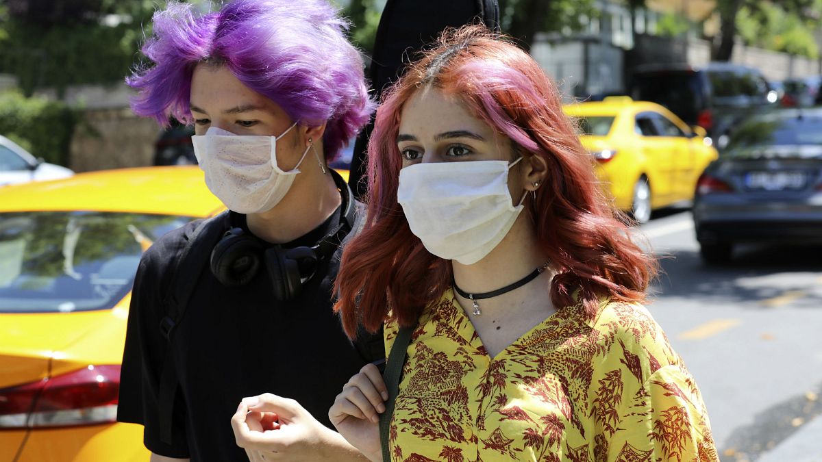 Ankara'da Covid-19'a karşı maskeleriyle yürüyen gençler 