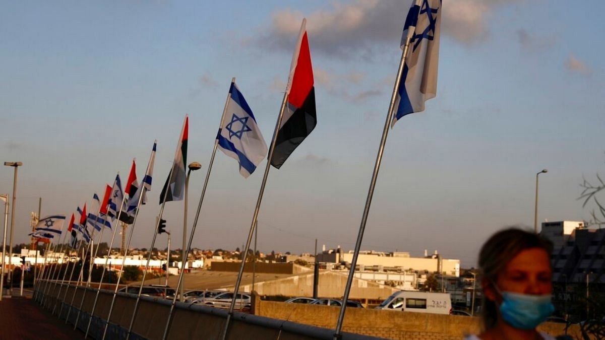 پرچم‌های اسرائیل و امارات در کنار یکدیگر در اسرائیل