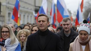 Alekszej Navalnij a Borisz Nyemcov elleni merénylet ötödik évfordulóján tartott moszkvai megemlékezésen 2020. február 29-én Moszkvában