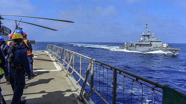 Friday, Sept. 4, 2020, warships participate in a joined training drill with armed forces from Greece and the United Arab Emirates near the Greek island of Crete Friday, Sept. 4, 2020, warships participate in a joined training drill with armed forces from Greece and the United Arab Emirates near the Greek island of Crete