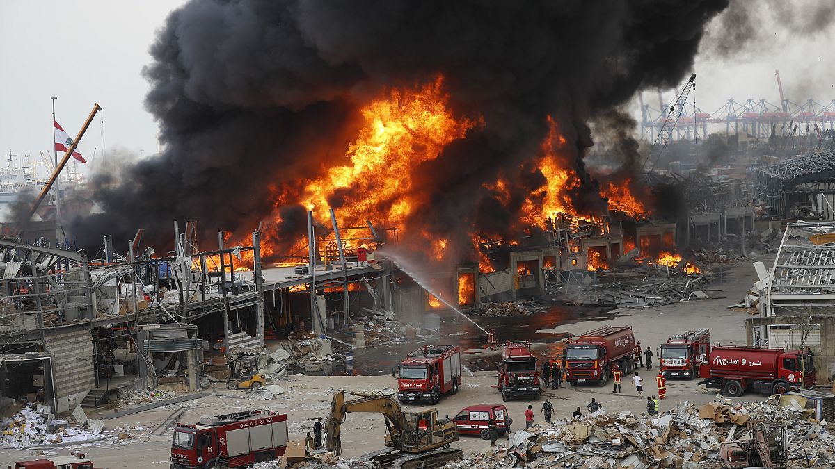 Fire burns in the port in Beirut, Lebanon, Thursday, Sept. 10. 2020. 