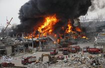 Fire burns in the port in Beirut, Lebanon, Thursday, Sept. 10. 2020.