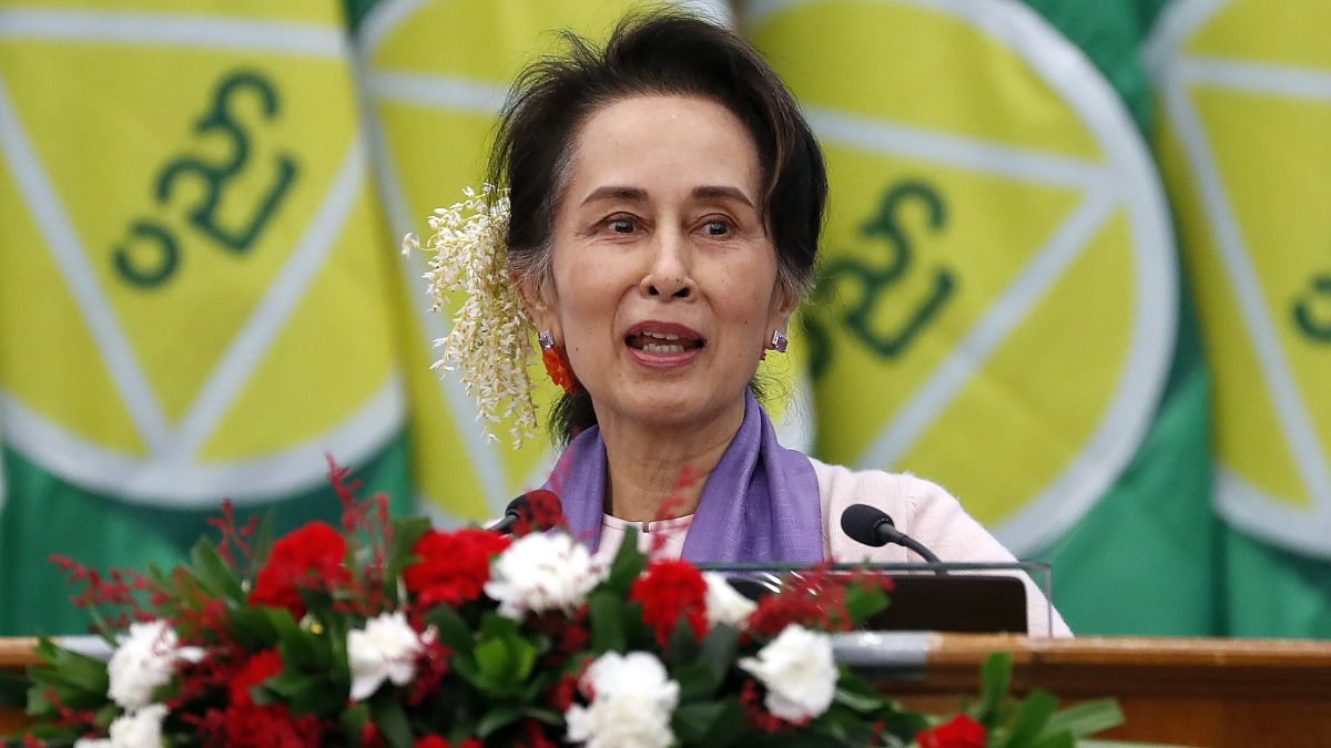 In this Jan. 28, 2020, file photo, Myanmar's leader Aung San Suu Kyi delivers a speech during a meeting on implementation of Myanmar Education Development in Naypyidaw