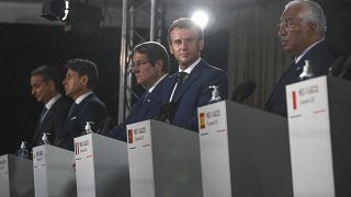 The leaders, from left to right, of Greece, Italy, Cyprus, France, Portugal during a media conference after an emergency summit in Corsica island, Sept.10, 2020. 