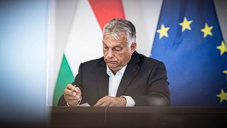 Orbán Viktor a visegrádi országok miniszterelnökeinek videokonferenciáján 2020. augusztus 19-én.