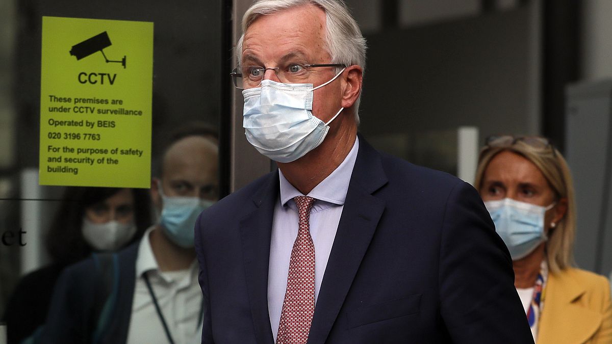 EU Chief negotiator Michel Barnier, leaves after a meeting at Westminster Conference Centre in London, Thursday, Sept. 10, 2020. 