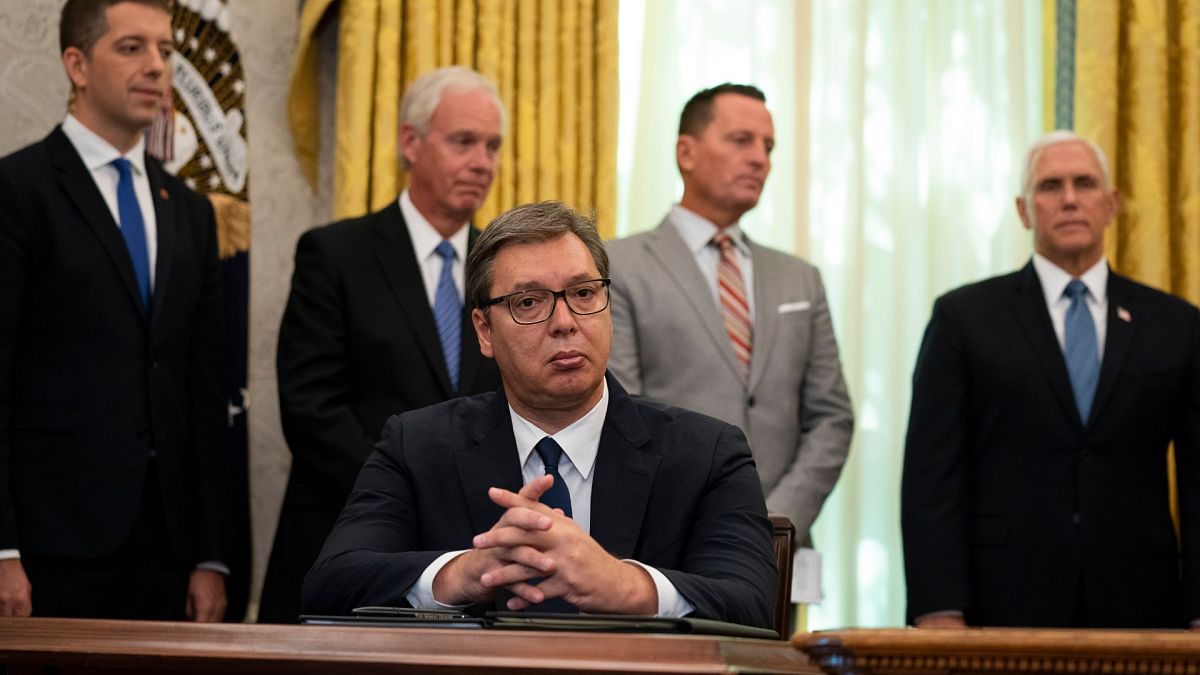 Serbian President Aleksandar Vucic during a Sept. 4, 2020 meeting at the White House with US President Donald Trump.