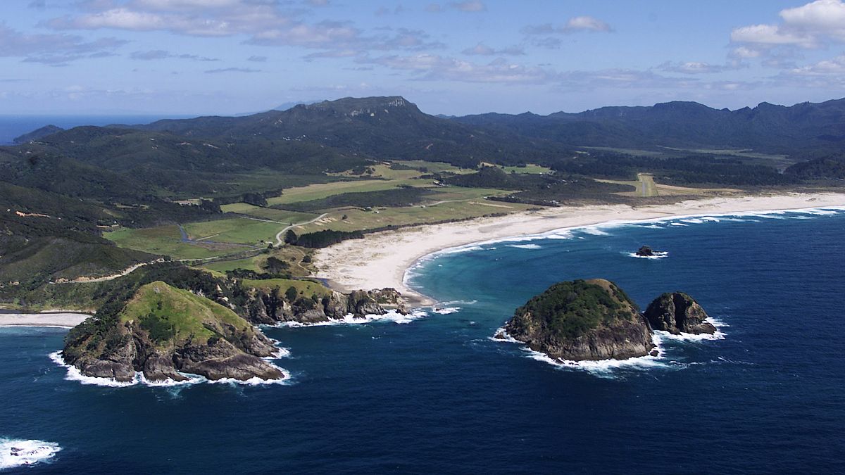 Blick auf den Kaitoke Strand auf der Great Barrier Insel, Neuseeland