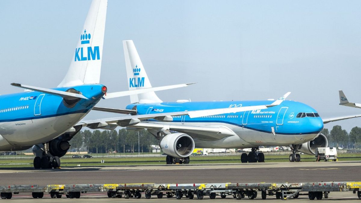 KLM aircrafts are seen at a standstill on the tarmac of Schiphol airport in April.