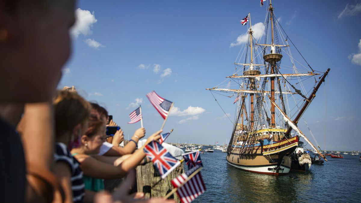 In this Aug. 10, 2020 file photo the Mayflower II, a replica of the original Mayflower ship that brought the Pilgrims to America 400 year ago, sails into Plymouth, Mass.