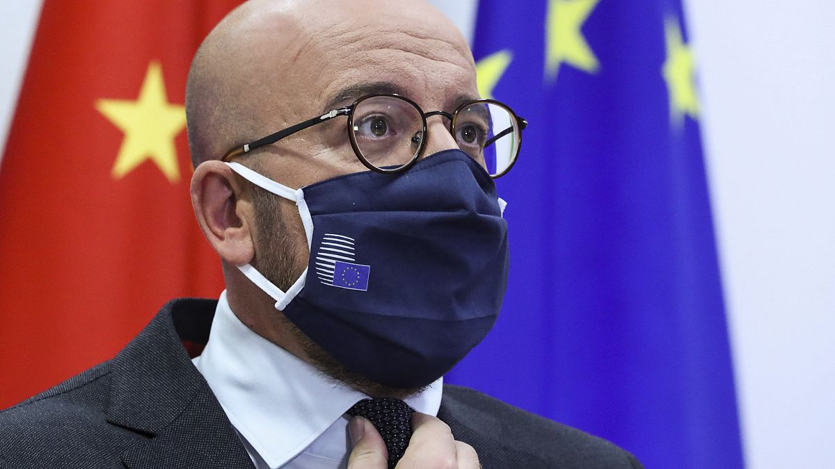 File: European Council President Charles Michel prepares to speak with China's President Xi Jinping during a videoconference summit in Brussels, Sept. 14, 2020.