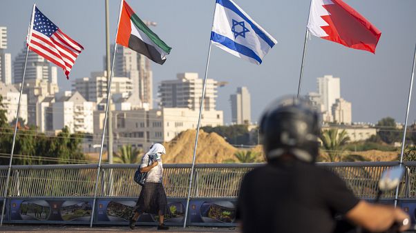 American, United Arab Emirates, Israel and Bahraini flags fly at the Peace Bridge in Netanya, Israel, Monday, Sept. 14, 2020. American, United Arab Emirates, Israel and Bahraini flags fly at the Peace Bridge in Netanya, Israel, Monday, Sept. 14, 2020.