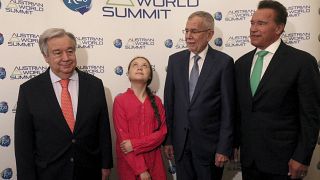 From left to right: Antonio Guterres, Greta Thunberg, Alexander Van der Bellen and Arnold Schwarzenegger at the 2019 Austrian World Climate Conference.