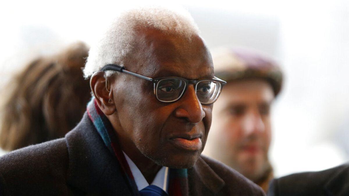  Iin this Jan.13, 2020 file photo, former president of the IAAF (International Association of Athletics Federations) Lamine Diack arrives at the Paris courthouse, Monday, Jan.