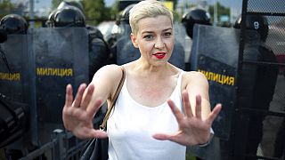 Maria Kolesnikova, one of Belarus' opposition leaders, gestures during a rally in Minsk on August 30