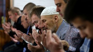Serbian Muslims attend Eid al-Fitr prayers, marking the end of the Muslim holy month of Ramadan at the Hadzi Hurem Mosque in the southern city of Novi Pazar on May 24, 2020.