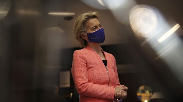 European Commission President Ursula von der Leyen speaks with the media in the hallway at the European Parliament in Brussels, Wednesday, Sept. 16, 2020. European Commission President Ursula von der Leyen speaks with the media in the hallway at the European Parliament in Brussels, Wednesday, Sept. 16, 2020.