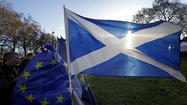 A demonstrator wearing a European Union flag stands with the flag of Scotland near parliament in London.