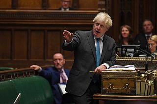 Britain's Prime Minister Boris Johnson speaks during Prime Minister's Questions in the House of Commons in London, Wednesday, Sept. 16, 2020.
