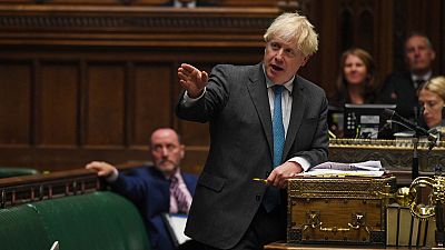 Britain's Prime Minister Boris Johnson speaks during Prime Minister's Questions in the House of Commons in London, Wednesday, Sept. 16, 2020. Britain's Prime Minister Boris Johnson speaks during Prime Minister's Questions in the House of Commons in London, Wednesday, Sept. 16, 2020.