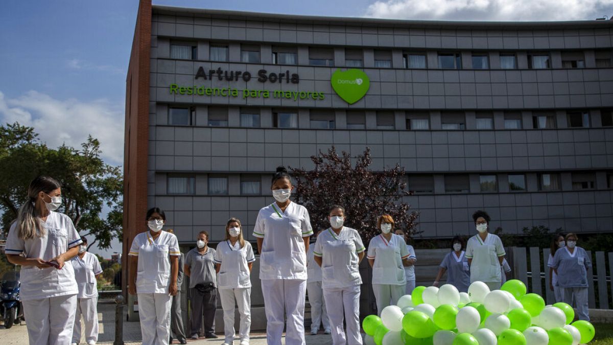 Health workers protest at a Madrid nursing home on Tuesday September 15