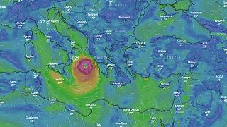 A wind forecast from windy.com shows Cyclone Ianos approaching Greece at 18h00 CET on September 17, 2020.