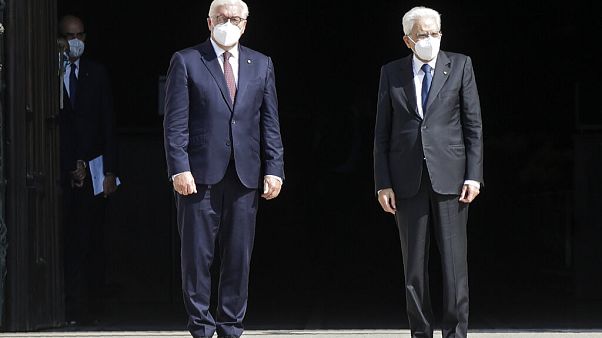 German President Frank-Walter Steinmeier, is flanked by Italian President Sergio Mattarella after visiting the Duomo gothic cathedral, in Milan, Italy, Sept. 17, 2020 German President Frank-Walter Steinmeier, is flanked by Italian President Sergio Mattarella after visiting the Duomo gothic cathedral, in Milan, Italy, Sept. 17, 2020