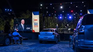 Democratic presidential candidate Joe Biden participates in a CNN drive-in town hall moderated by Anderson Cooper in Moosic, Pa., on Sept. 17, 2020.