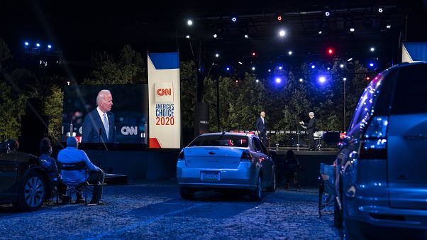 Democratic presidential candidate Joe Biden participates in a CNN drive-in town hall moderated by Anderson Cooper in Moosic, Pa., on Sept. 17, 2020. Democratic presidential candidate Joe Biden participates in a CNN drive-in town hall moderated by Anderson Cooper in Moosic, Pa., on Sept. 17, 2020.