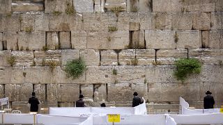 مؤمن يهودي يصلي في حائط البراق- المبكى وسط تدابير الوقاية من كوفيد-19