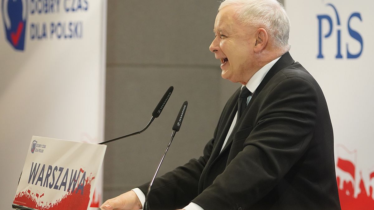 The leader of PiS Party (Law and Justice) Jaroslaw Kaczynski speaks during a campaign convention in Warsaw