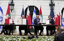 ترامب و وزير خارجية البحرين خالد بن أحمد آل خليفة ونتنياهو وعبد الله بن زايد في واشنطن ، 15 سبتمبر 2020