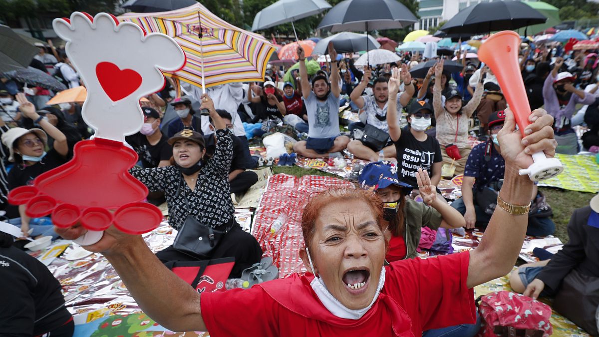 Pro-democracy activities shout slogans during a protest at Thammasat University in Bangkok, Thailand, Saturday, Sept. 19, 2020.