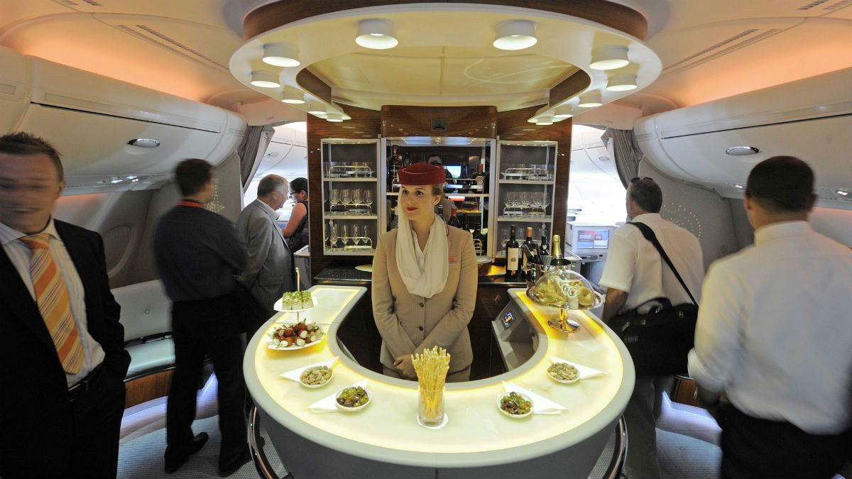A bar in the first class section on board Airbus A380 passenger plane of Emirates Airline