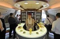 A bar in the first class section on board Airbus A380 passenger plane of Emirates Airline