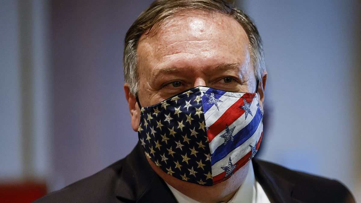 FILE - In this Aug. 20, 2020 file photo Secretary of State Mike Pompeo departs a meeting with members of the UNSC about Iran's alleged non-compliance with a nuclear deal.